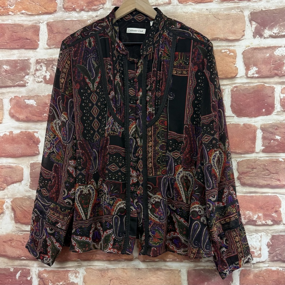 Coldwater Creek Top Women's XL Black Multicolor Boho Floral Embroidered Shirt - Picture 3 of 9